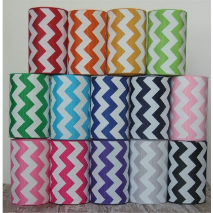 One Yard 3" White Ink Chevron Print Grosgrain Ribbon