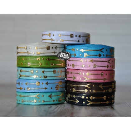 5 yards 3/8" Gold Foil Arrow Print Grosgrain Ribbon