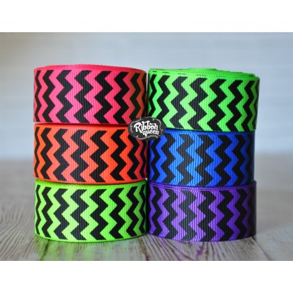 5 yards 7/8" Neons with Black Ink Chevron Stripe Grosgrain Ribbon