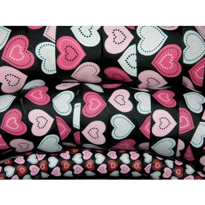 5 yards Black Patchwork Heart Print Grosgrain