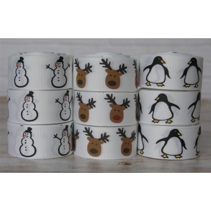 5 yards 7/8" Christmas Reindeer Gingerbread Men Snowmen Penguins Grosgrain Ribbon