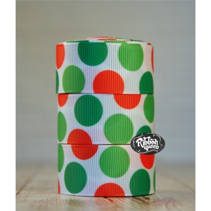 5 yards 7/8" Christmas Funky Dot Print Grosgrain Ribbon