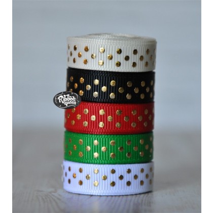 5 yards 3/8" Christmas Gold Foil Tiny Swiss Dot Grosgrain Ribbon