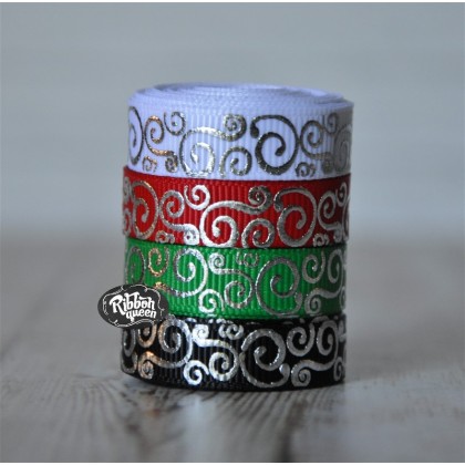 5 yards 3/8" Christmas Silver Foil Scroll Print Grosgrain Ribbon