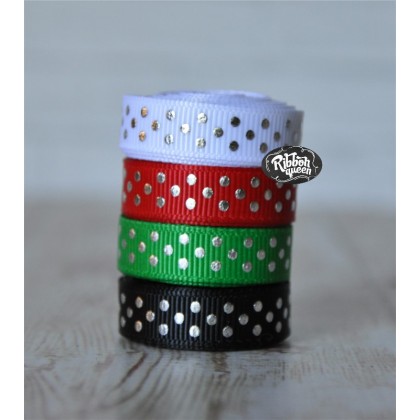 5 yards 3/8" Christmas Silver Foil Tiny Swiss Dot Grosgrain Ribbon