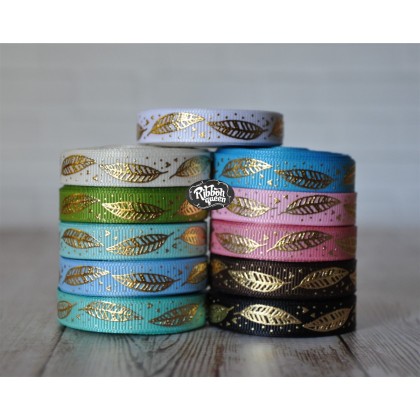5 yards 3/8" Gold Foil Feather Print Grosgrain Ribbon