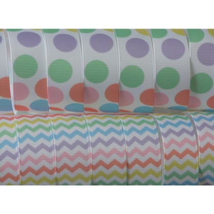 5 yards 7/8" Pastel Chevron & Dot Print Grosgrain Ribbon