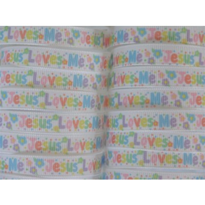 3/8" Pastel Jesus Loves Me Print Grosgrain Ribbon