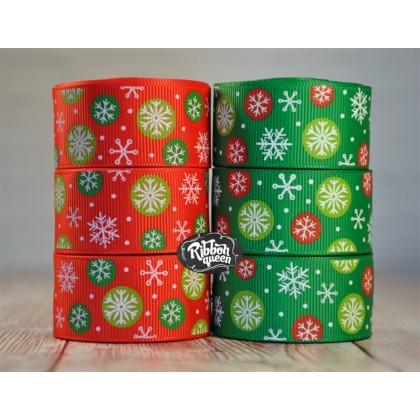 5 yards 1" Snowflake Dots Print Grosgrain Ribbon