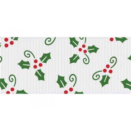 5 yards 1.5" Christmas Holly Print Grosgrain Ribbon