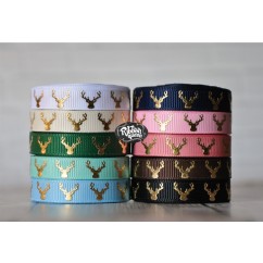 5 yards 3/8" Gold Foil Deer Head / Antlers Print Grosgrain Ribbon