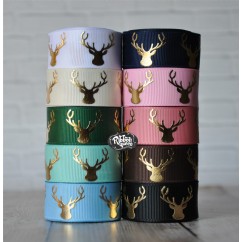 5 yards 7/8" Gold Foil Deer Head / Antlers Print Grosgrain Ribbon