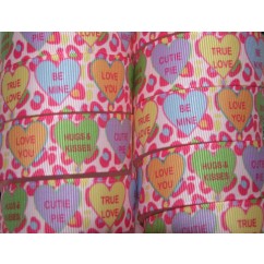 5 yards 7/8" Pink Cheetah Conversation Heart Print Grosgrain Ribbon