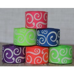 5 yards 7/8" White Neon Scroll Print Grosgrain Ribbon 