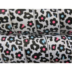 5 yards 1.5" White Leopard Flowers Print Grosgrain Ribbon